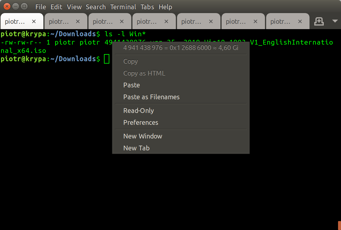 GNOME terminal emulator and right click on a number